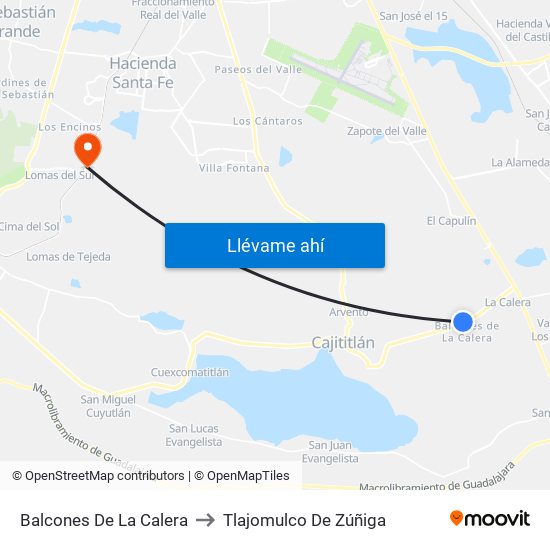 Balcones De La Calera to Tlajomulco De Zúñiga map