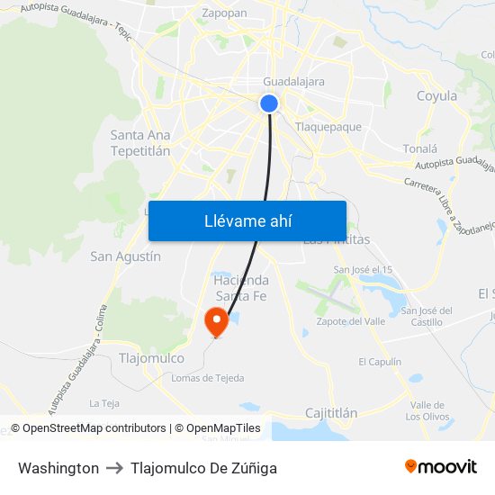 Washington to Tlajomulco De Zúñiga map