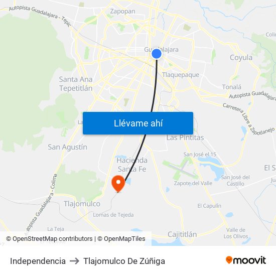 Independencia to Tlajomulco De Zúñiga map