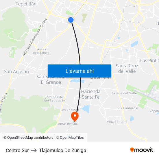 Centro Sur to Tlajomulco De Zúñiga map
