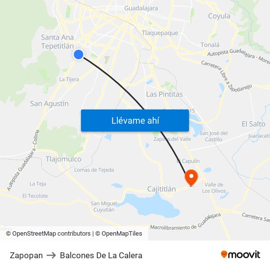 Zapopan to Balcones De La Calera map