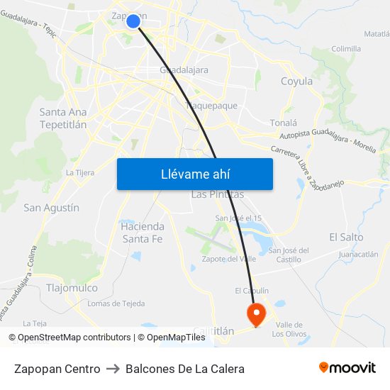 Zapopan Centro to Balcones De La Calera map
