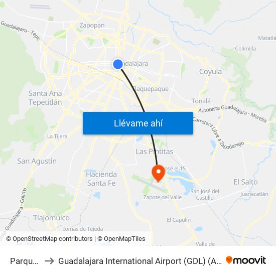 Parque Revolución to Guadalajara International Airport (GDL) (Aeropuerto Internacional de Guadalajara Miguel Hidalgo y C map