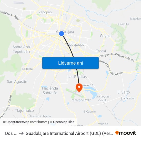 Dos Templos to Guadalajara International Airport (GDL) (Aeropuerto Internacional de Guadalajara Miguel Hidalgo y C map