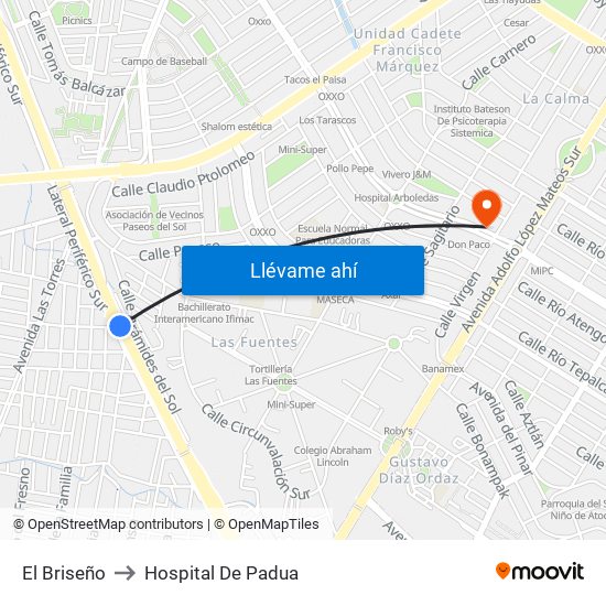 El Briseño to Hospital De Padua map