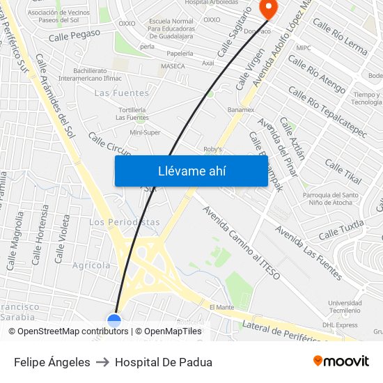 Felipe Ángeles to Hospital De Padua map