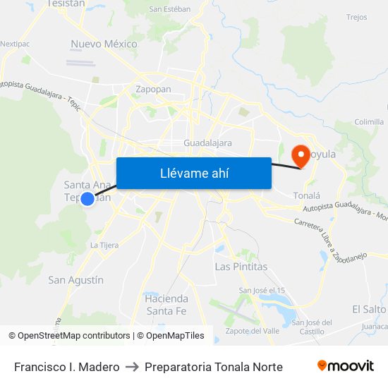Francisco I. Madero to Preparatoria Tonala Norte map