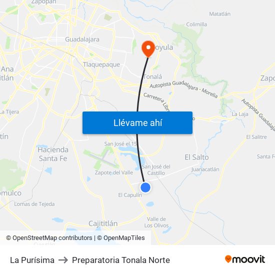 La Purísima to Preparatoria Tonala Norte map