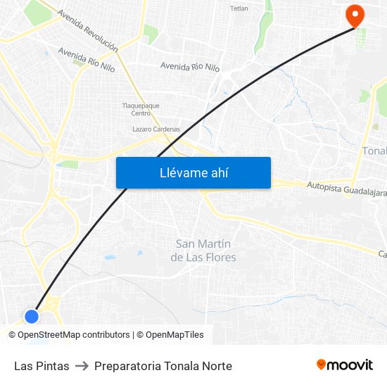 Las Pintas to Preparatoria Tonala Norte map