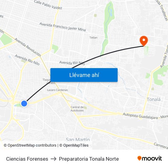 Ciencias Forenses to Preparatoria Tonala Norte map