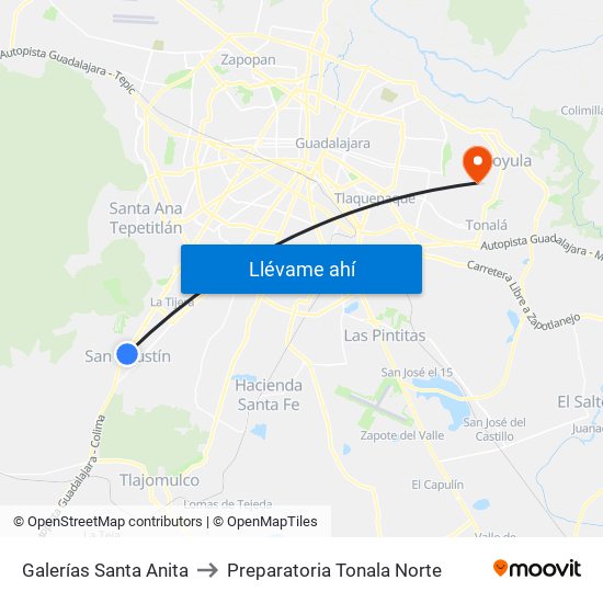 Galerías Santa Anita to Preparatoria Tonala Norte map
