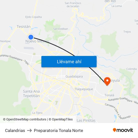 Calandrias to Preparatoria Tonala Norte map