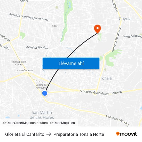 Glorieta El Cantarito to Preparatoria Tonala Norte map