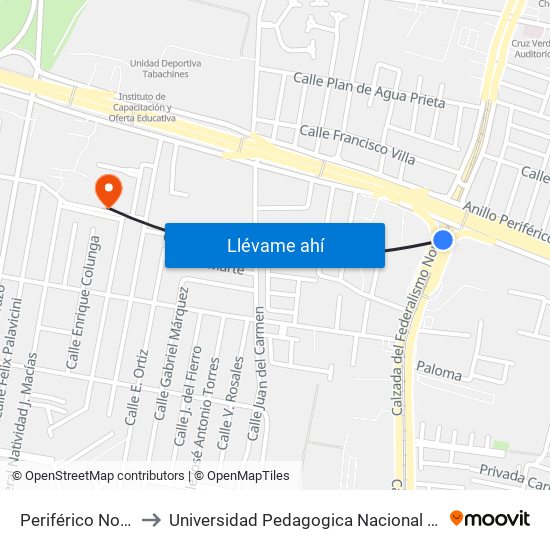 Periférico Norte to Universidad Pedagogica Nacional 145 map