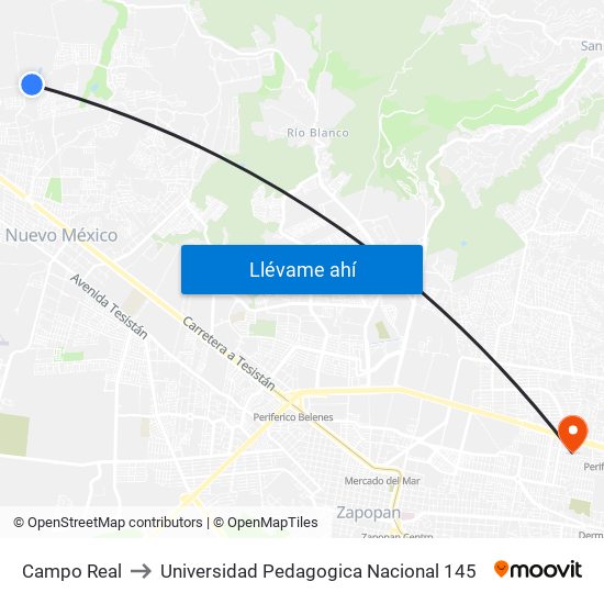 Campo Real to Universidad Pedagogica Nacional 145 map