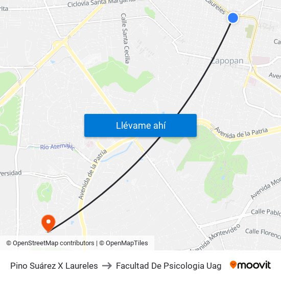 Pino Suárez X Laureles to Facultad De Psicologia Uag map