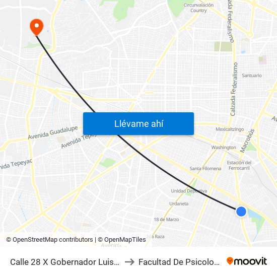 Calle 28 X Gobernador Luis G. Curiel to Facultad De Psicologia Uag map