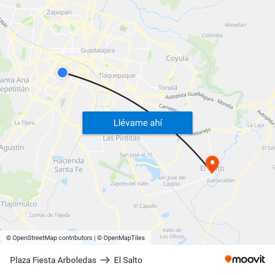 Plaza Fiesta Arboledas to El Salto map
