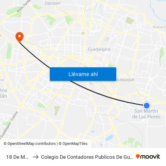 18 De Marzo to Colegio De Contadores Publicos De Guadalajara map