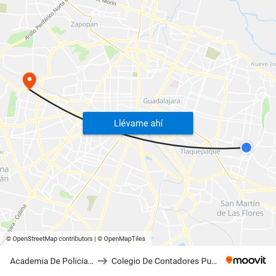 Academia De Policía Mercedes Celis to Colegio De Contadores Publicos De Guadalajara map