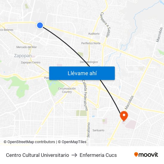 Centro Cultural Universitario to Enfermeria Cucs map