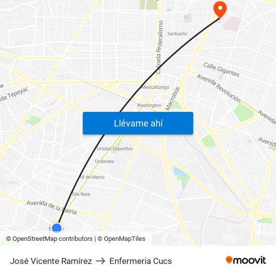 José Vicente Ramírez to Enfermeria Cucs map