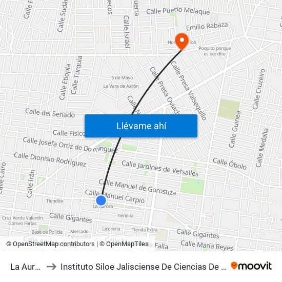 La Aurora to Instituto Siloe Jalisciense De Ciencias De La Salud map