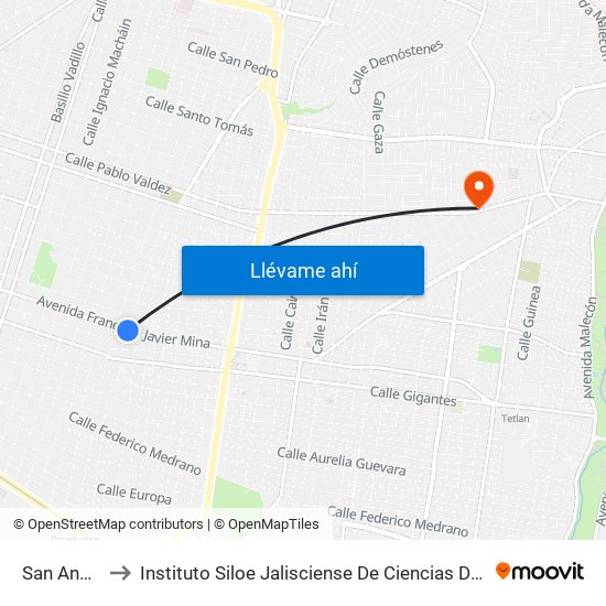 San Andrés to Instituto Siloe Jalisciense De Ciencias De La Salud map