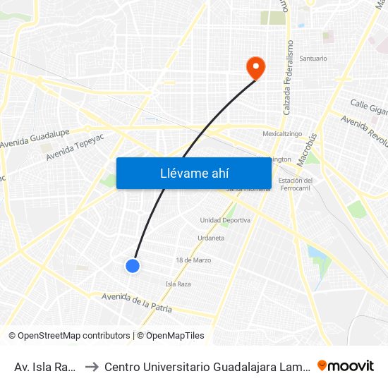Av. Isla Raza to Centro Universitario Guadalajara Lamar map