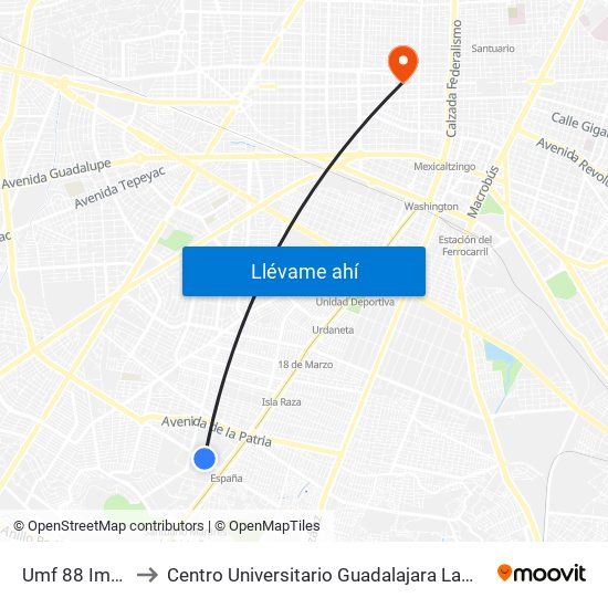 Umf 88 Imss to Centro Universitario Guadalajara Lamar map