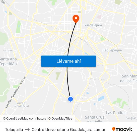 Toluquilla to Centro Universitario Guadalajara Lamar map