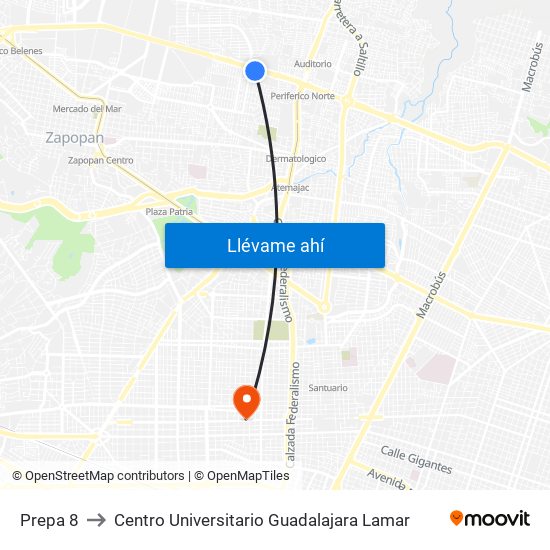 Prepa 8 to Centro Universitario Guadalajara Lamar map