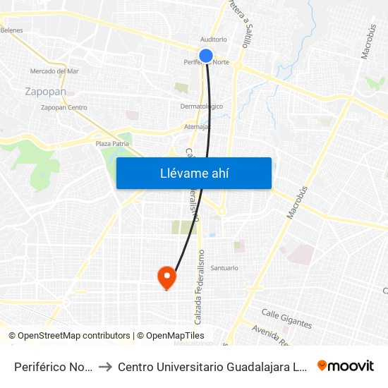Periférico Norte to Centro Universitario Guadalajara Lamar map