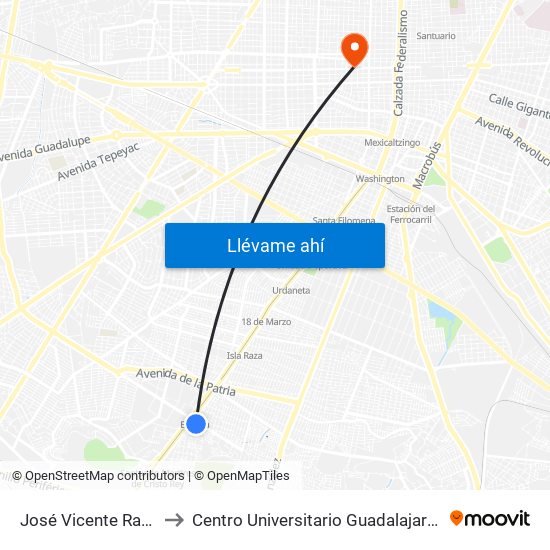 José Vicente Ramírez to Centro Universitario Guadalajara Lamar map