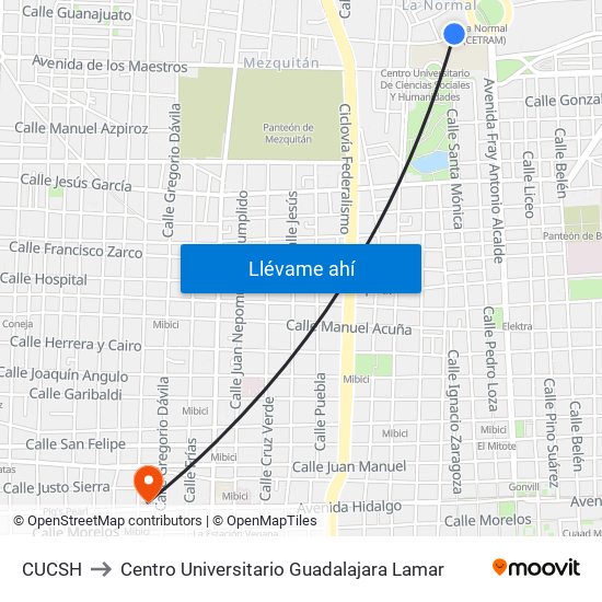 Cucsh to Centro Universitario Guadalajara Lamar map