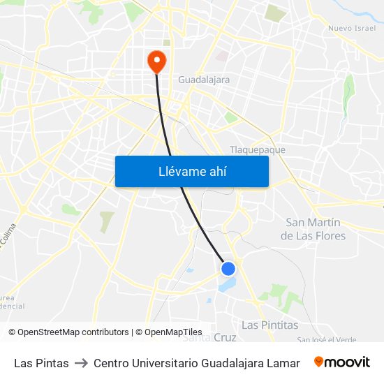 Las Pintas to Centro Universitario Guadalajara Lamar map