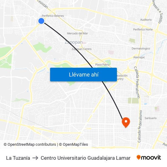 La Tuzanía to Centro Universitario Guadalajara Lamar map