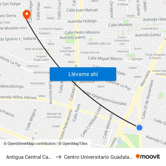 Antigua Central Camionera to Centro Universitario Guadalajara Lamar map