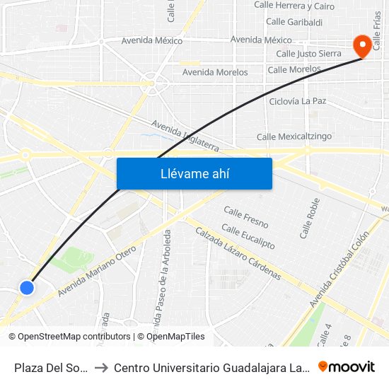 Plaza Del Sol 1 to Centro Universitario Guadalajara Lamar map