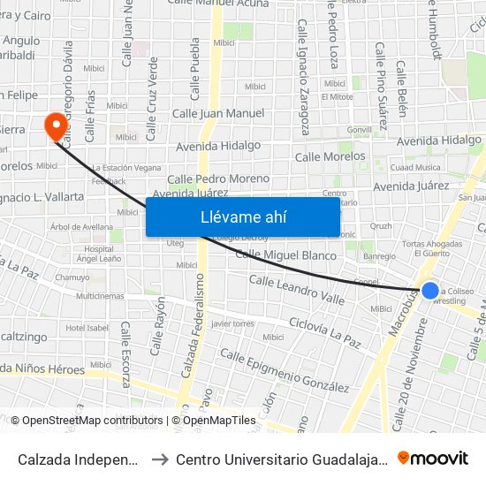 Calzada Independencia to Centro Universitario Guadalajara Lamar map