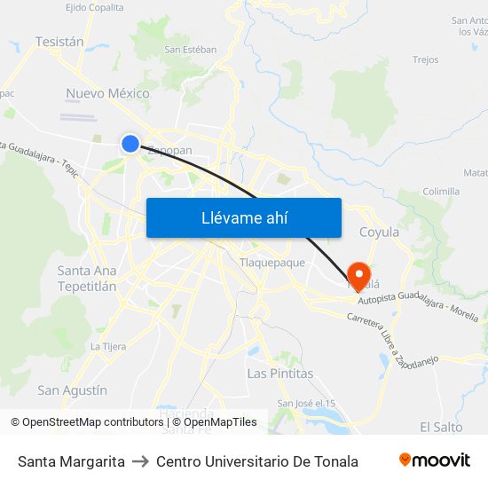 Santa Margarita to Centro Universitario De Tonala map