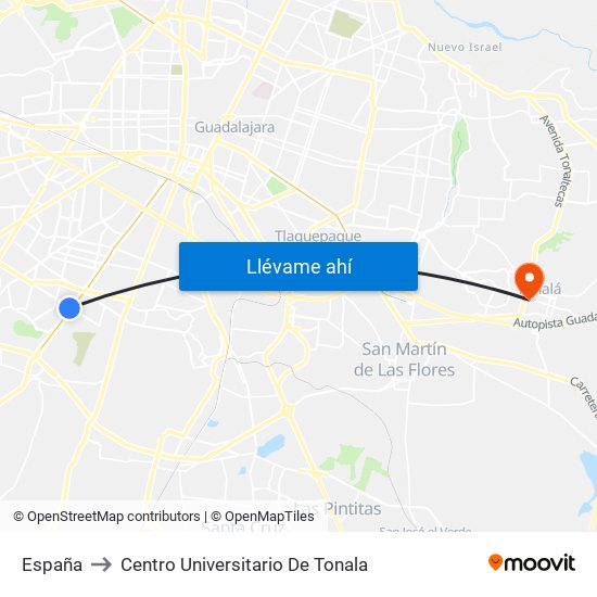 España to Centro Universitario De Tonala map