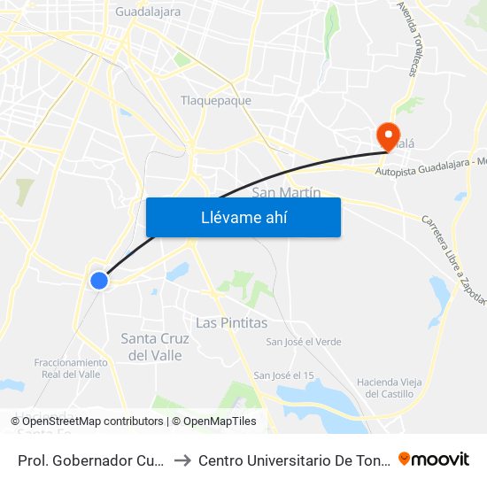 Prol. Gobernador Curiel to Centro Universitario De Tonala map