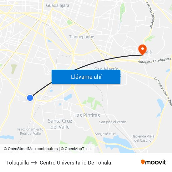 Toluquilla to Centro Universitario De Tonala map