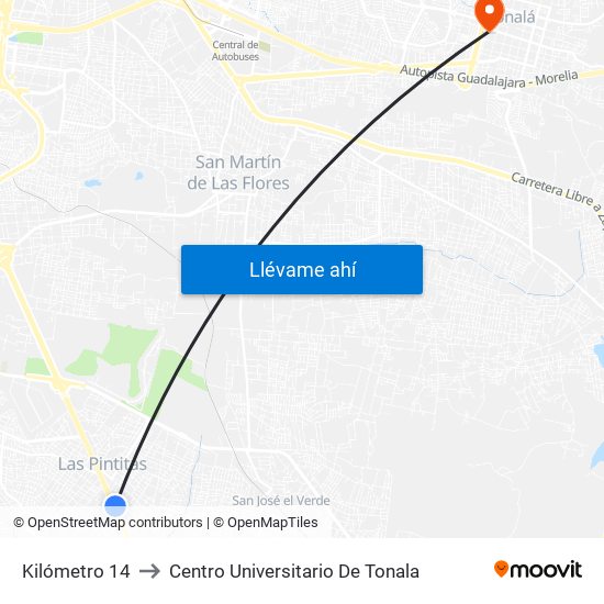 Kilómetro 14 to Centro Universitario De Tonala map