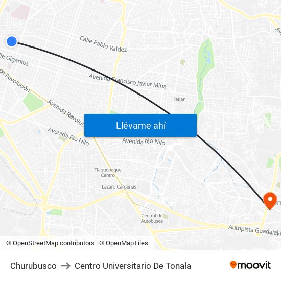 Churubusco to Centro Universitario De Tonala map