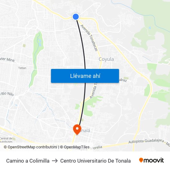 Camino A Colimilla to Centro Universitario De Tonala map