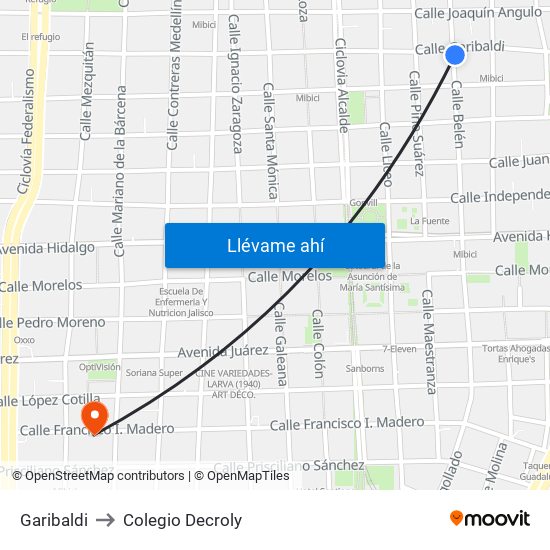 Garibaldi to Colegio Decroly map