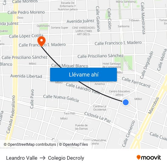 Leandro Valle to Colegio Decroly map