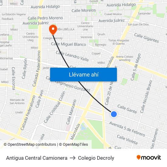 Antigua Central Camionera to Colegio Decroly map